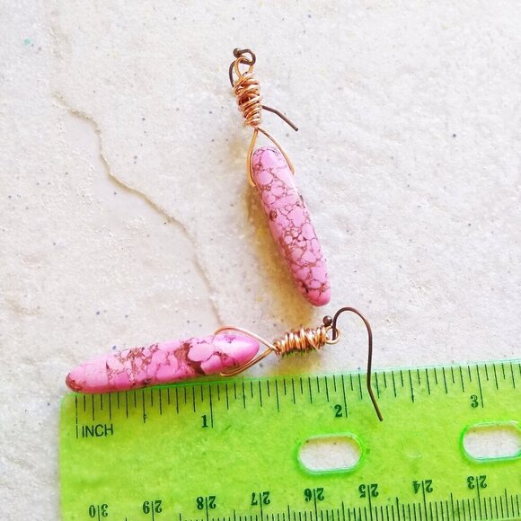 Pink & Mocha Mousse Stone Spikes + Copper Wire Earrings - Sexy Edgy Girly Hot - Picture 6 of 8